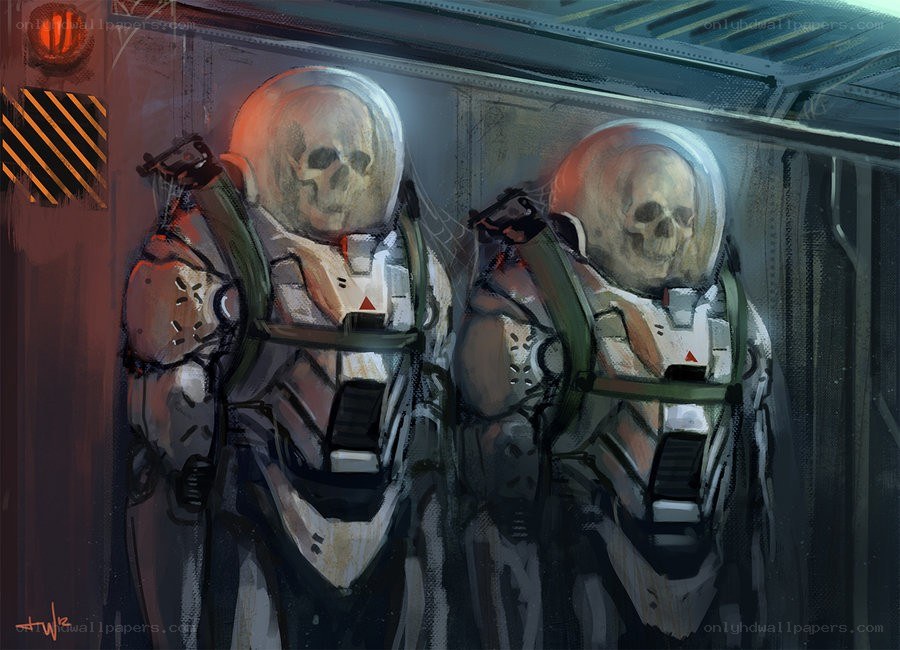 astronauts with skulls in helmets