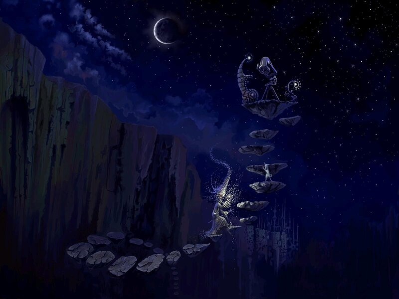 astronomer on floating rocks