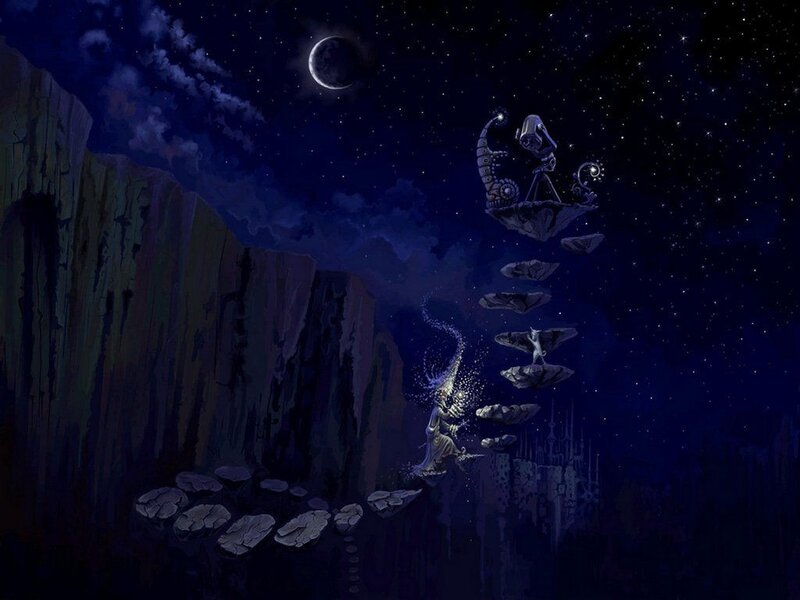 astronomer on floating rocks