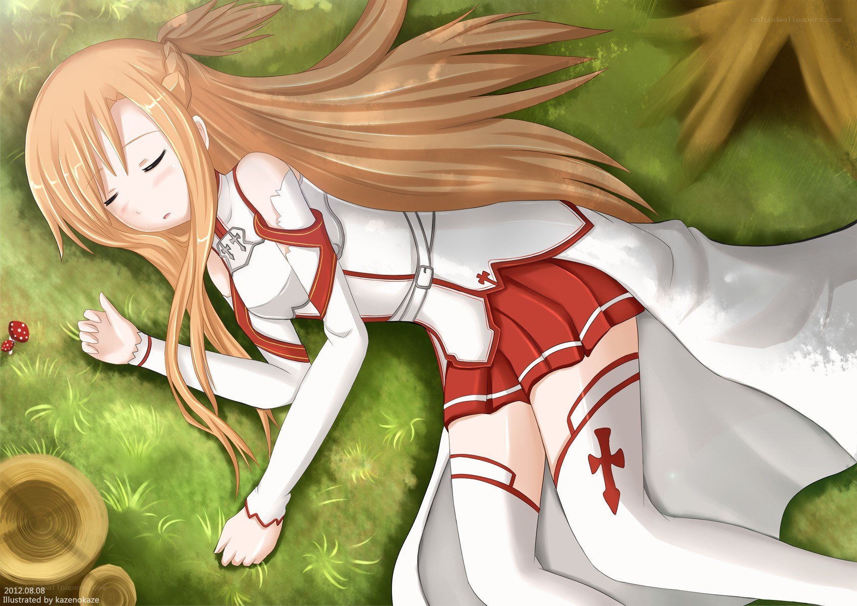 Asuna sleeping in a field