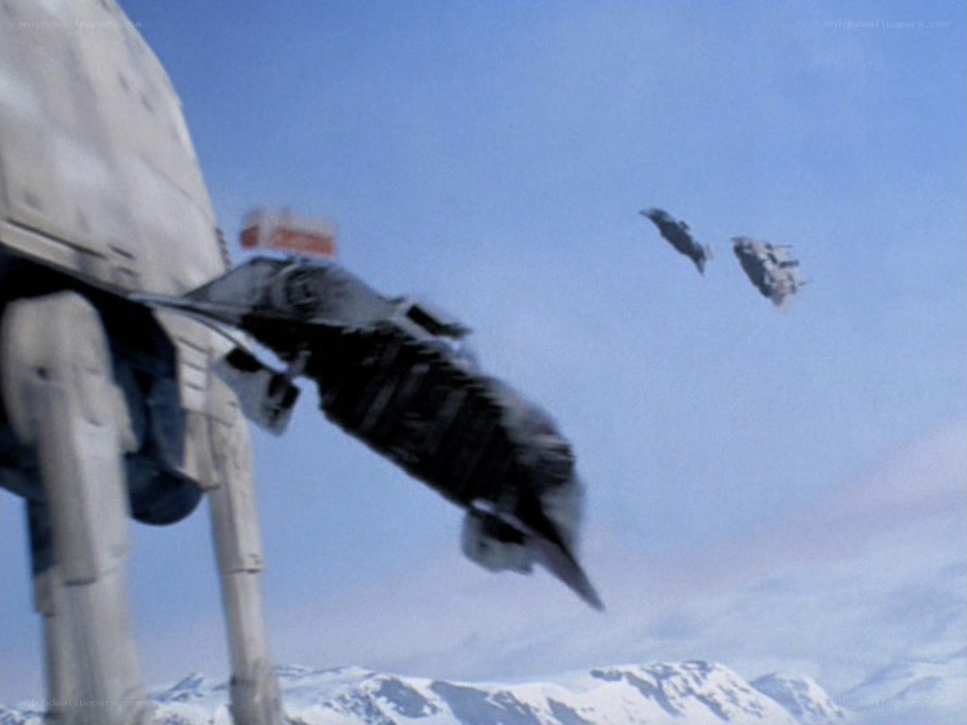 AT-AT and snowspeeders in flight