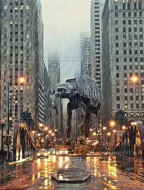 AT-AT walker in rainy city