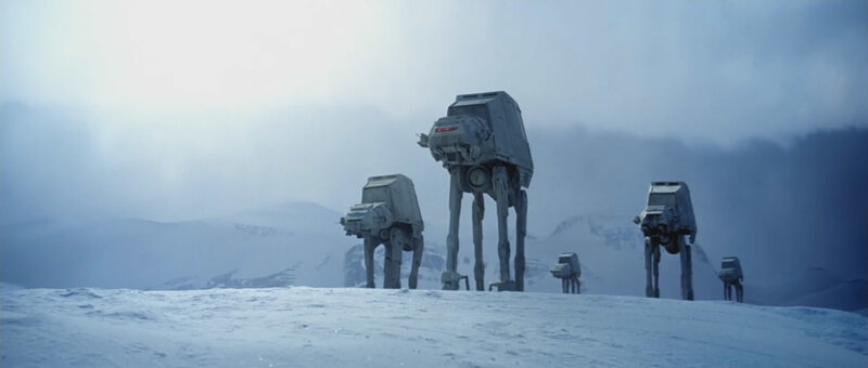 AT-AT Walkers in Snow — White, Dramatic, Winter, Photograph, Mountains, Clouds
