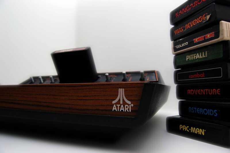 Atari console with game cartridges
