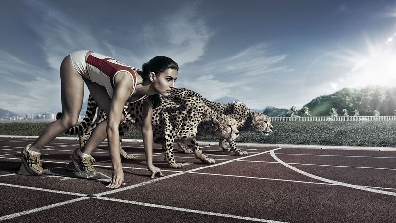 athlete and cheetahs at starting line