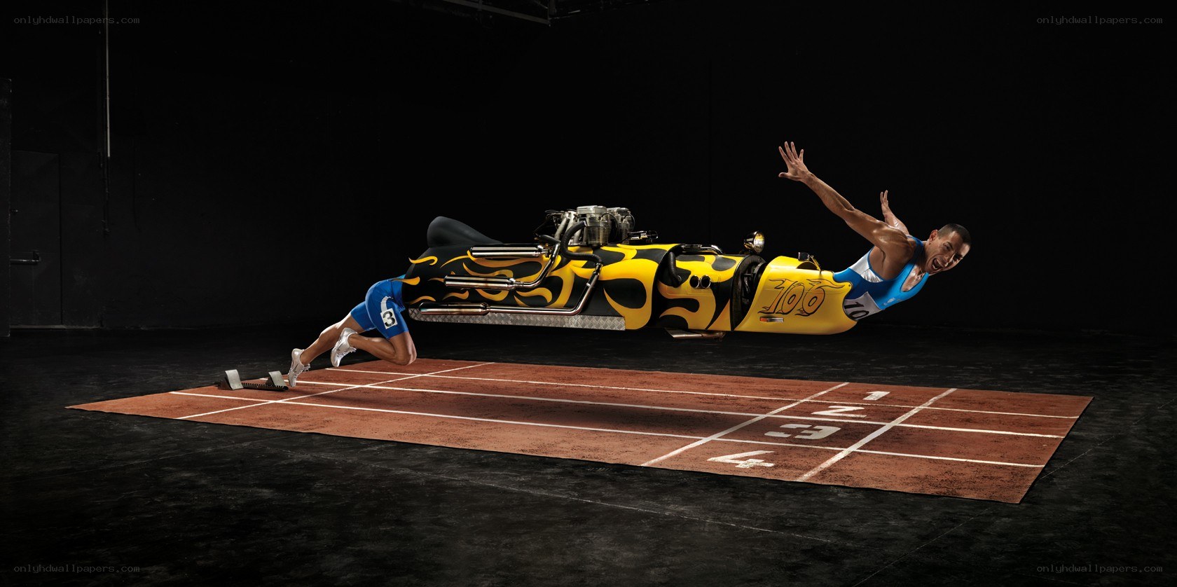 Athlete with flame car on track