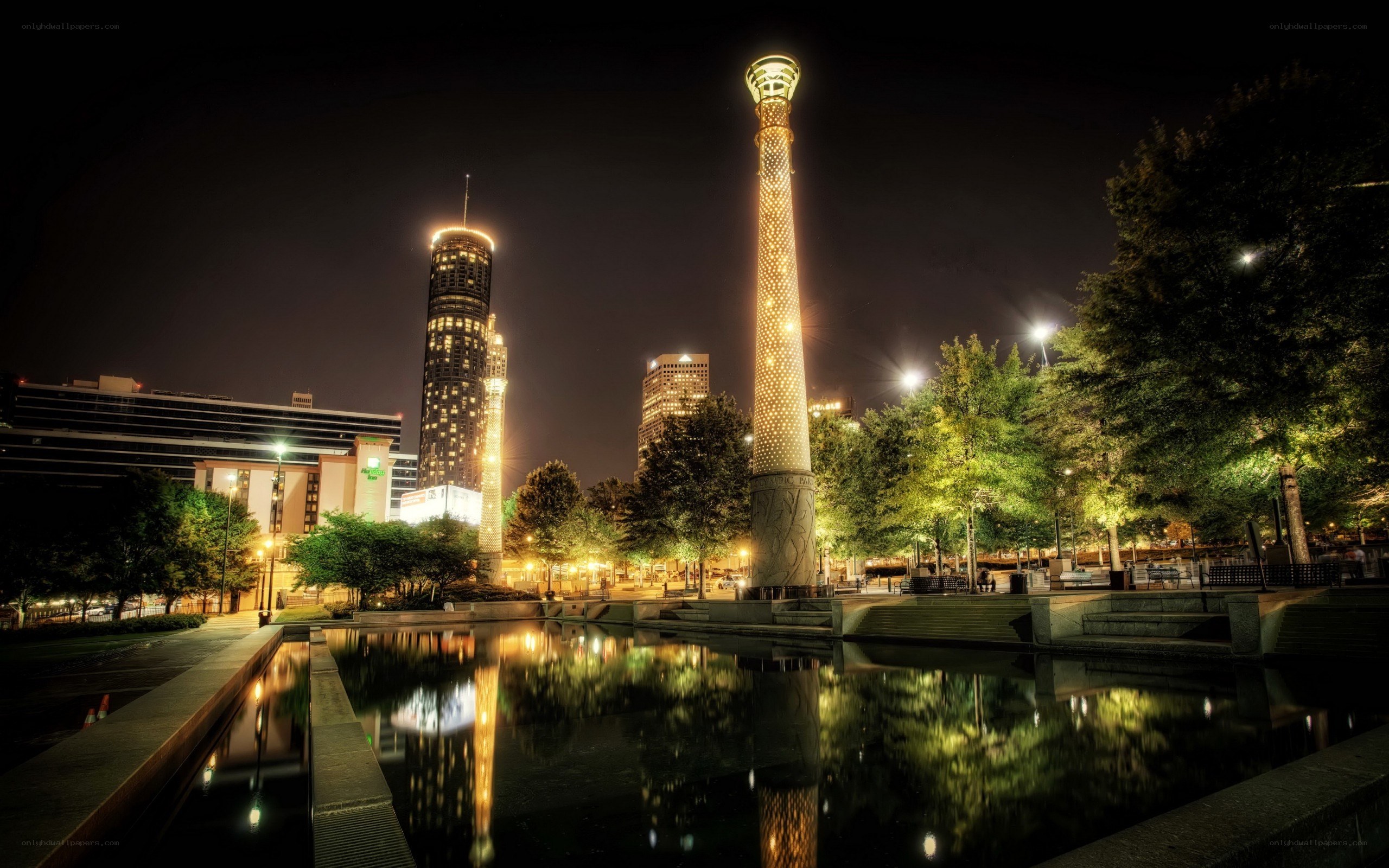 Atlanta night skyline with monument