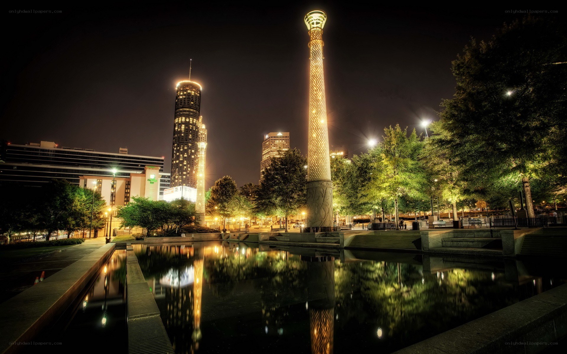 Atlanta night skyline with monument