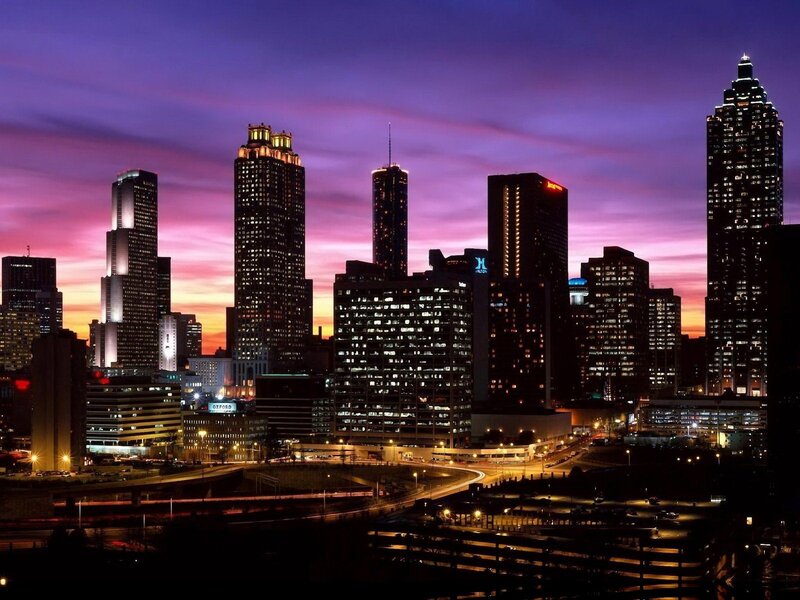 Atlanta Skyline at Dusk — Purple, Dramatic, Sunset, Photograph, Skyscrapers, Highway, City Lights, Pink, Black