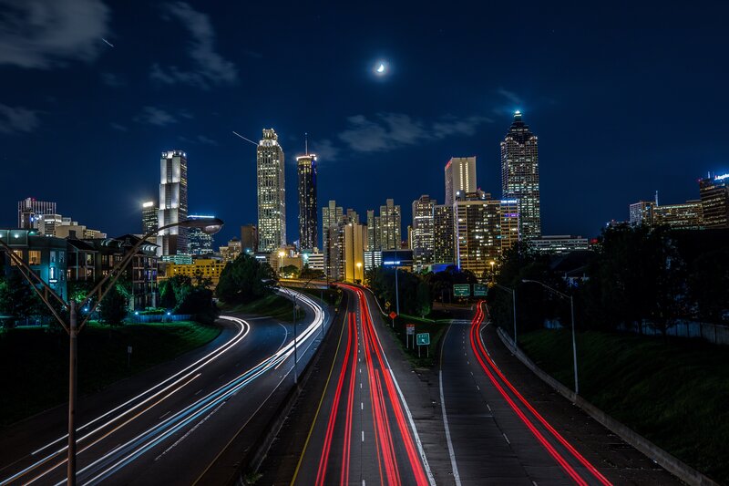 Atlanta Skyline at Night — Black, Dramatic, Photograph, Highway, Skyscrapers, Moon