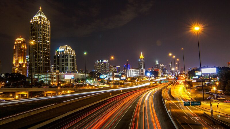 Atlanta Skyline at Night — Black, Dramatic, Photograph, Highway