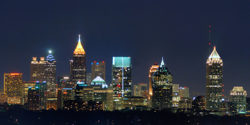 Atlanta Skyline at Night — Black, Dramatic, Photograph, Skyscrapers, City Lights
