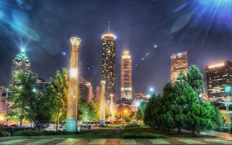 Atlanta Skyline at Night — Blue, Dramatic, Photograph, Skyscrapers, Trees