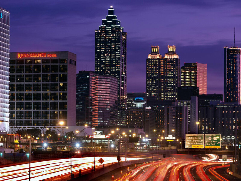 Atlanta Skyline at Night — Purple, Dramatic, Photograph, Highway, Skyscrapers