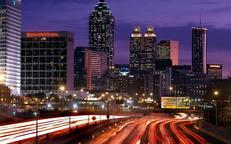 Atlanta Skyline at Night — Purple, Dramatic, Photograph, Highway