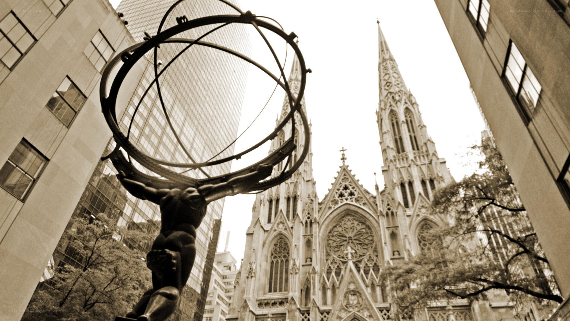 Atlas statue and cathedral