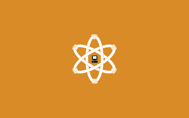 atom with computer and hands