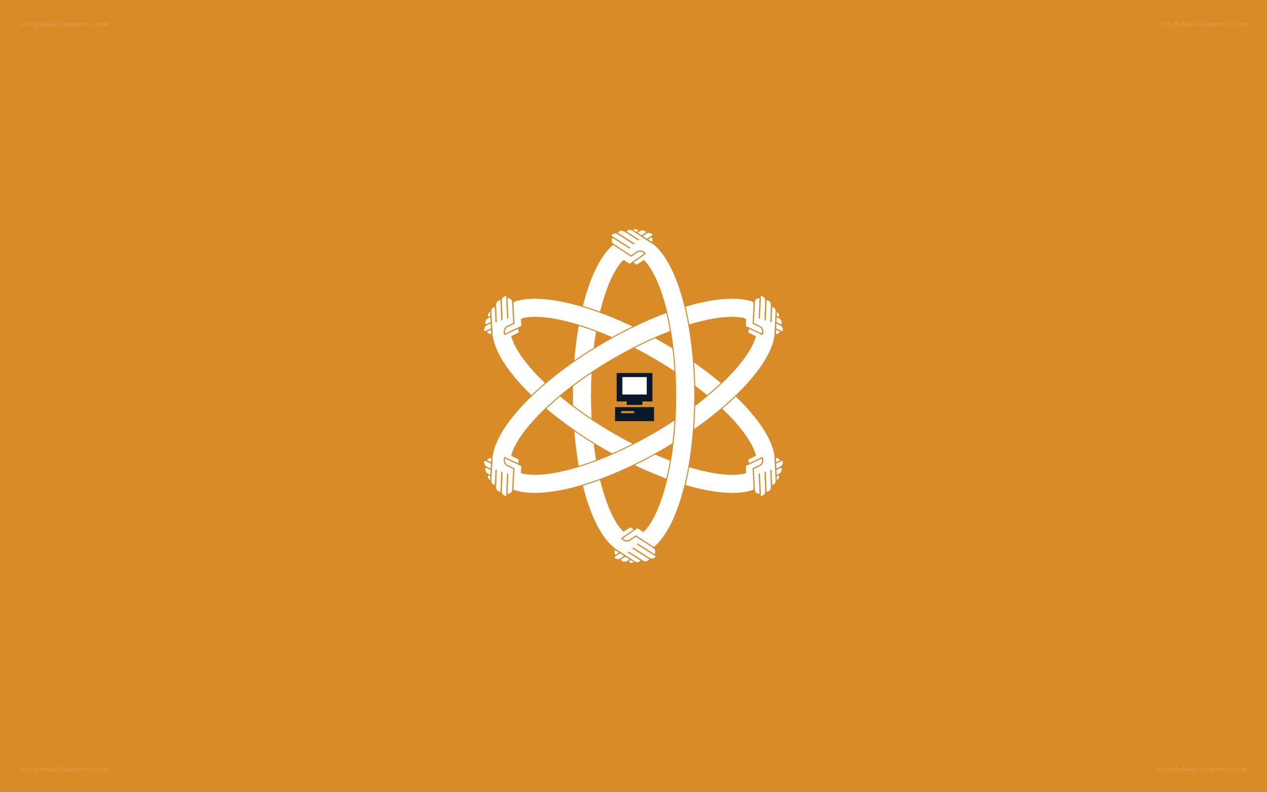 atom with computer and hands