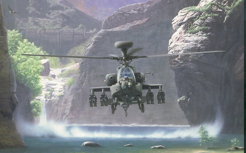 Attack Helicopter in Canyon — Green, Dramatic, Afternoon, Digital Art