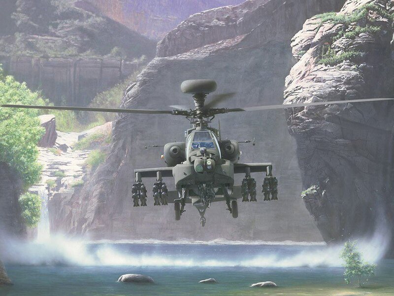 Attack Helicopter in Canyon — Green, Dramatic, Afternoon