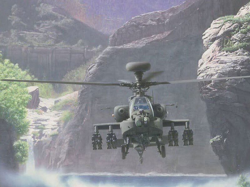 Attack Helicopter in Canyon — Green, Dramatic