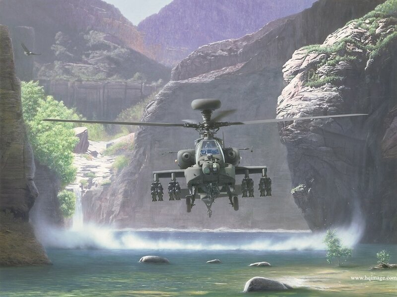 Attack Helicopter in Canyon — Green