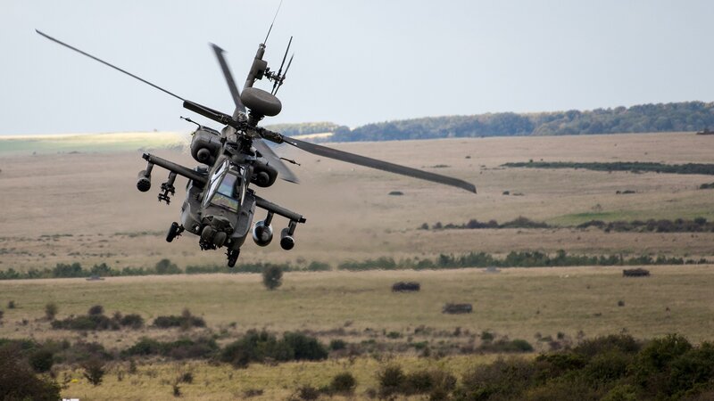 Attack Helicopter in Flight — Green, Dramatic, Afternoon