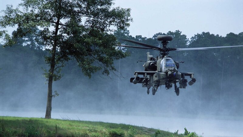 Attack Helicopter in Flight — Green, Dramatic, Morning, Photograph, Tree, Fog
