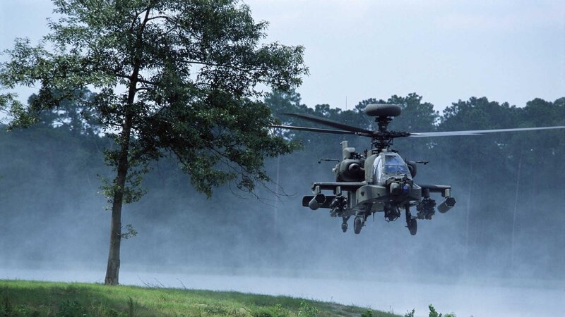 Attack Helicopter in Flight — Green, Dramatic, Morning