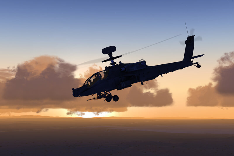 Attack Helicopter in Flight — Orange, Dramatic, Sunset