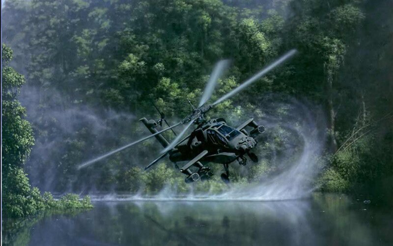 Attack Helicopter in Forest — Green, Dramatic