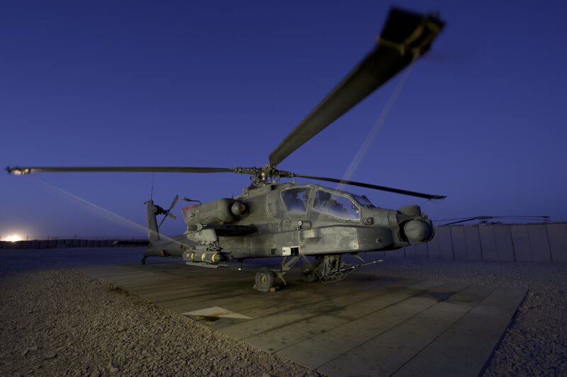 Attack Helicopter on Tarmac — Gray, Dramatic, Night