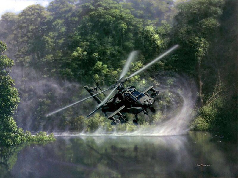 Attack Helicopter over Water — Green, Dramatic
