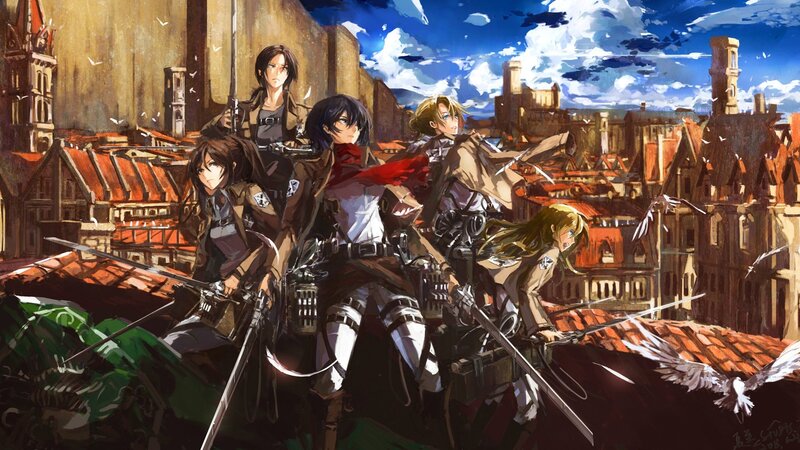 Attack on Titan characters on rooftops