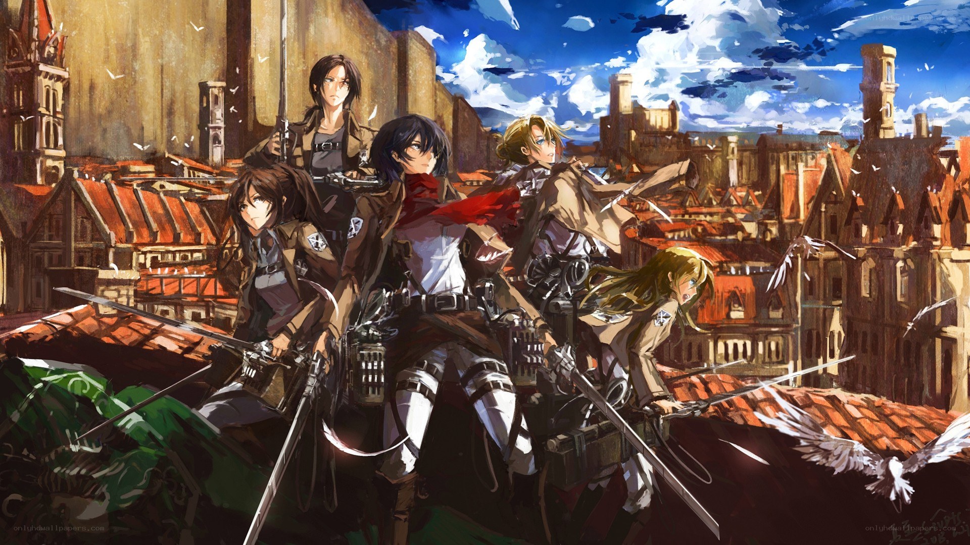Attack on Titan characters on rooftops