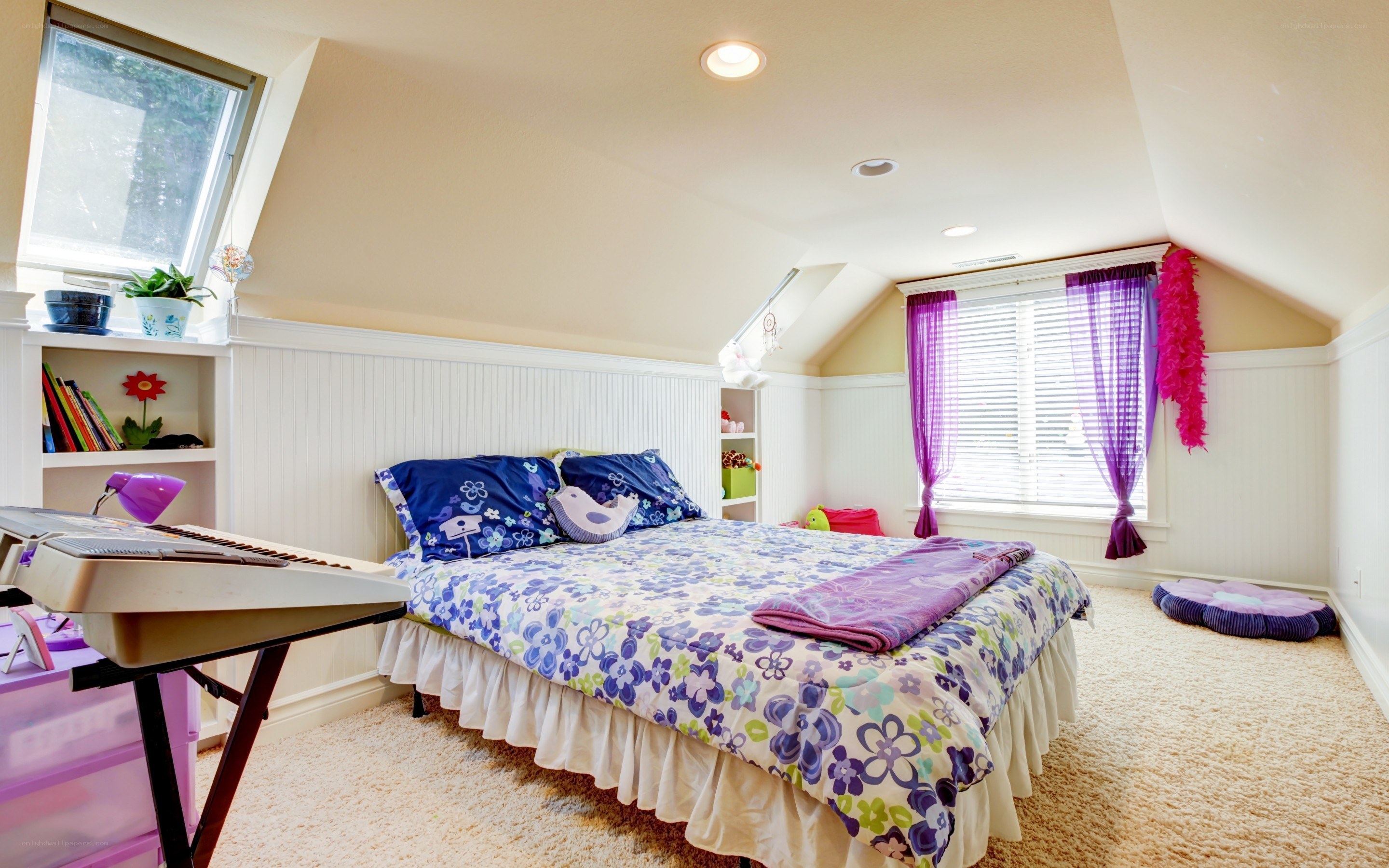 attic bedroom with floral bedding