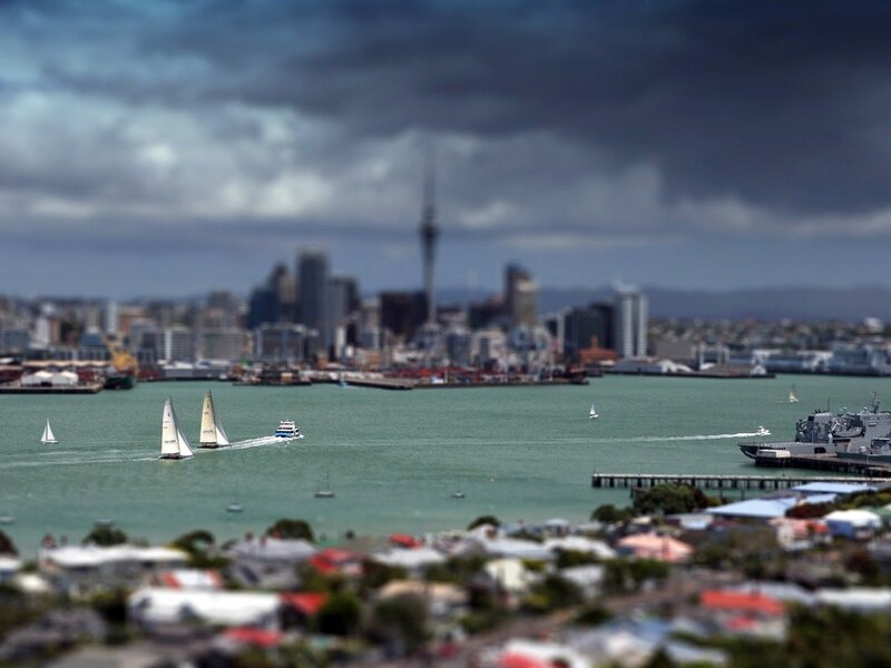 Auckland city skyline with sailboats