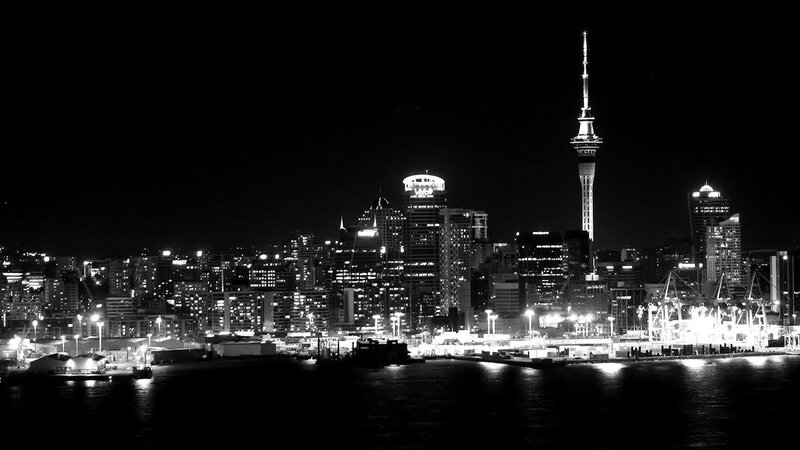 Auckland Skyline at Night — Black, Dramatic, Photograph