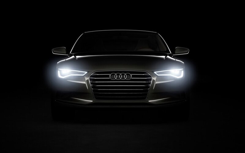 Audi Car Front View — Black, Dramatic, Night, Photograph, Headlights, Grille, Side Mirrors
