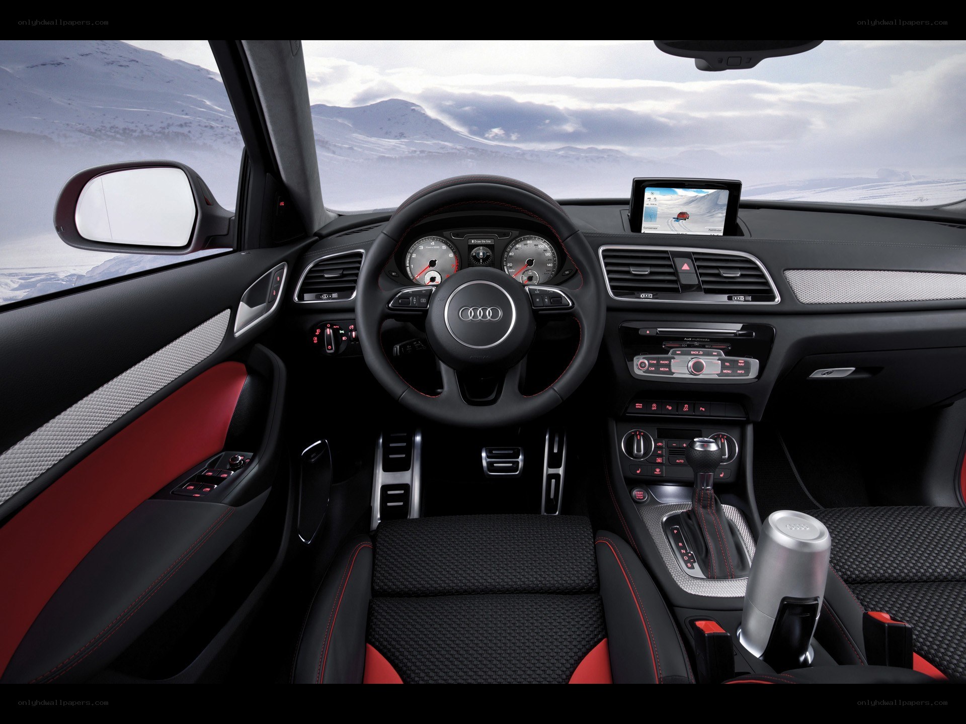 Audi interior with mountain view