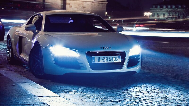 Audi R8 at night on cobblestones
