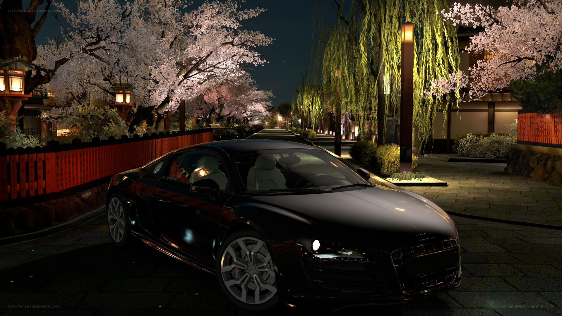 Audi R8 at night under cherry blossoms