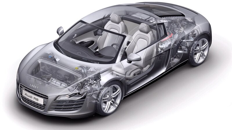 Audi R8 Car — Silver, Technical, 3d Render, Engine