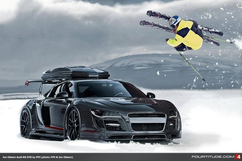 Audi R8 GTR with skier in mid-air