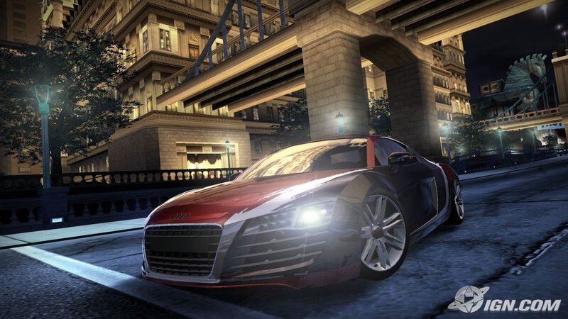 Audi R8 in a city at night