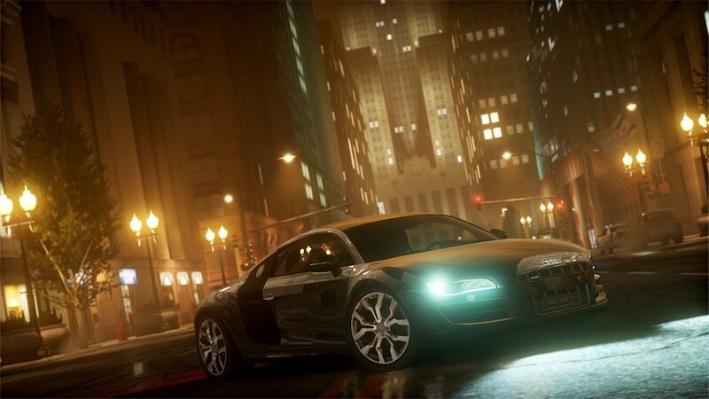 Audi R8 in a city at night