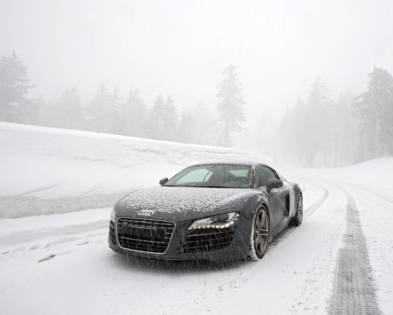 Audi R8 in a snowy forest
