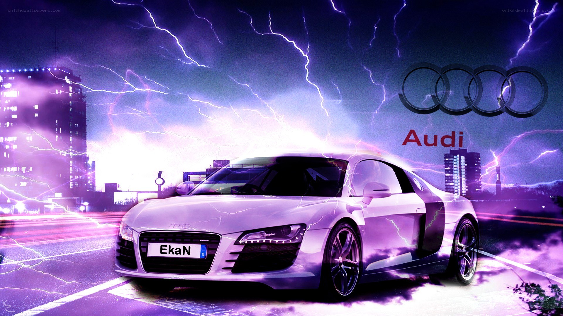 Audi R8 in a stormy city