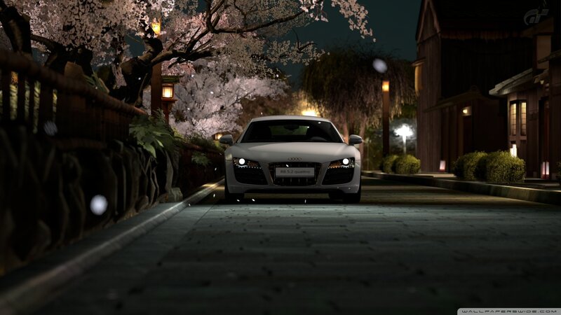 Audi R8 on a cherry blossom street