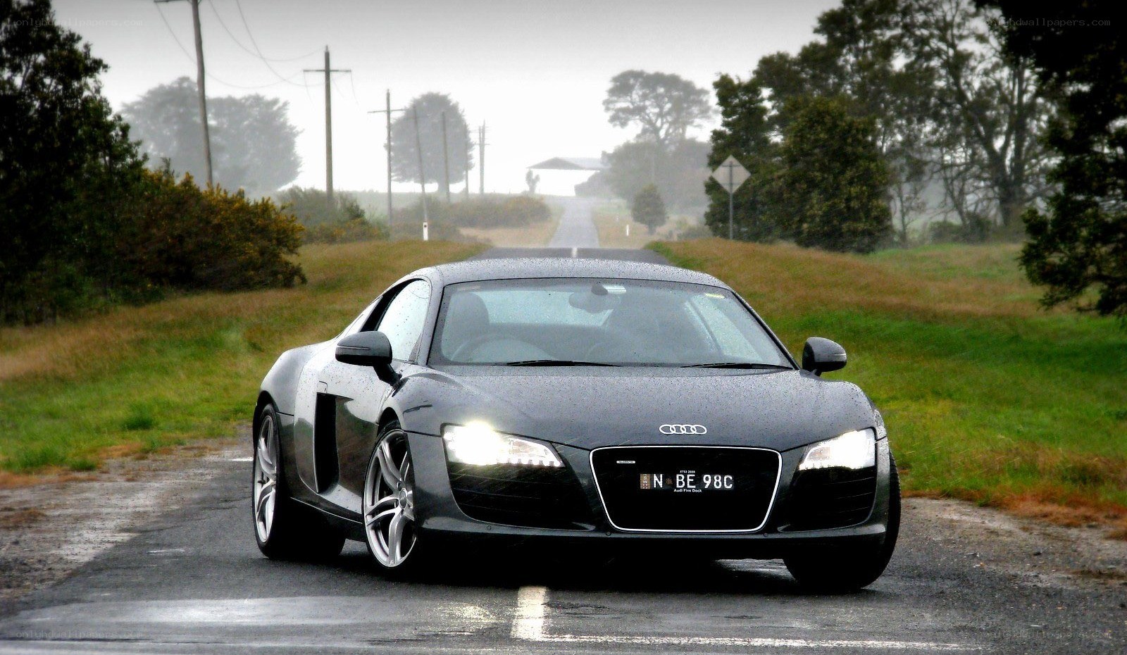 Audi R8 on a rainy road